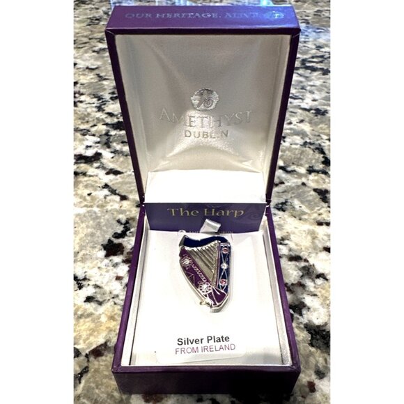 Amethyst Dublin Irish Dancing Brooch The Harp Silver Plate Ireland Crystals NEW - Picture 1 of 5